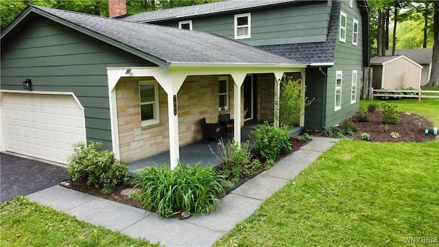 7066 E Ln, Boston, NY 14057 - view of front of house featuring roof with shingles, a front lawn, a chimney, and stone siding