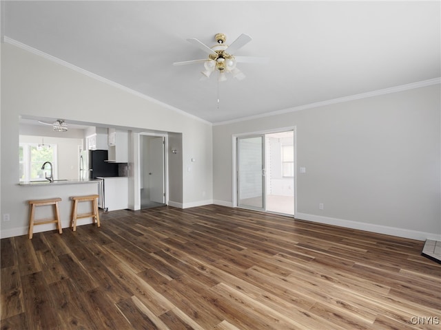 1120 Temple St, Watertown-City, NY 13601 - unfurnished living room with dark wood-style flooring, ceiling fan, vaulted ceiling, ornamental molding, and baseboards