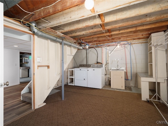 1120 Temple St, Watertown-City, NY 13601 - unfinished below grade area featuring independent washer and dryer, a sink, and stairway
