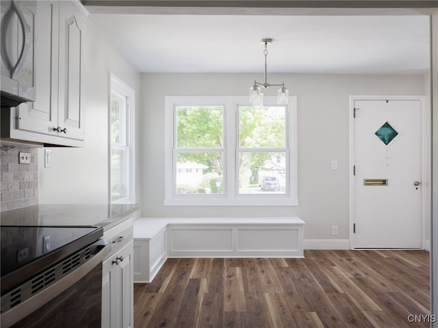 1120 Temple St, Watertown-City, NY 13601 - unfurnished dining area with dark wood-type flooring, baseboards, and a chandelier
