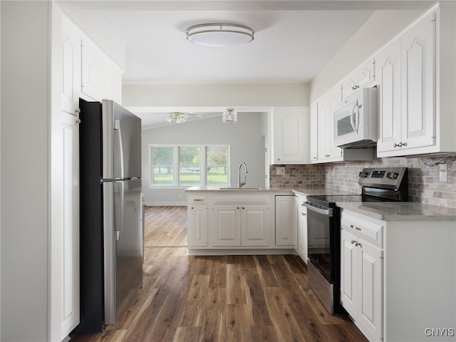 1120 Temple St, Watertown-City, NY 13601 - kitchen featuring stainless steel appliances, lofted ceiling, white cabinetry, dark wood finished floors, and a ceiling fan