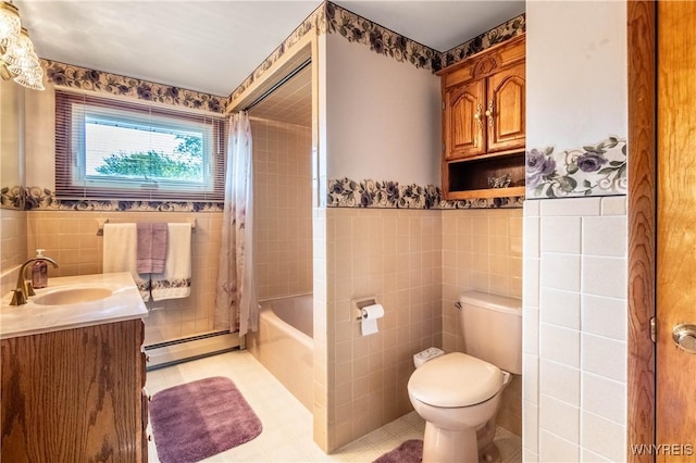 291 Everett Pl, Tonawanda-Town, NY 14150 - bathroom featuring tile walls, a baseboard heating unit, vanity, toilet, and shower / bath combination with curtain