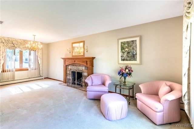 291 Everett Pl, Tonawanda-Town, NY 14150 - living area with a chandelier, carpet, a baseboard heating unit, and a fireplace with flush hearth