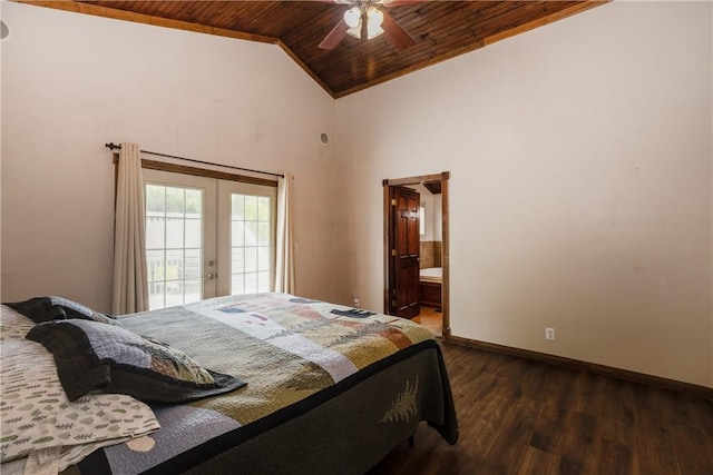 676 County Road 64, Big Flats, NY 14903 - bedroom with wooden ceiling, french doors, dark wood-style flooring, access to outside, and high vaulted ceiling