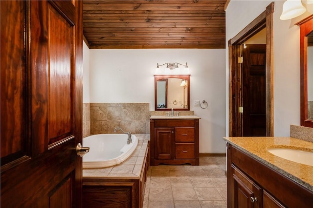 676 County Road 64, Big Flats, NY 14903 - bathroom featuring wood ceiling, two vanities, a garden tub, and tile patterned floors