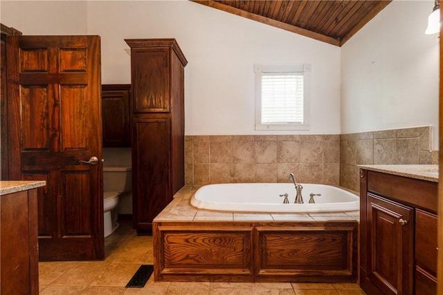676 County Road 64, Big Flats, NY 14903 - bathroom with lofted ceiling, wooden ceiling, a garden tub, and vanity