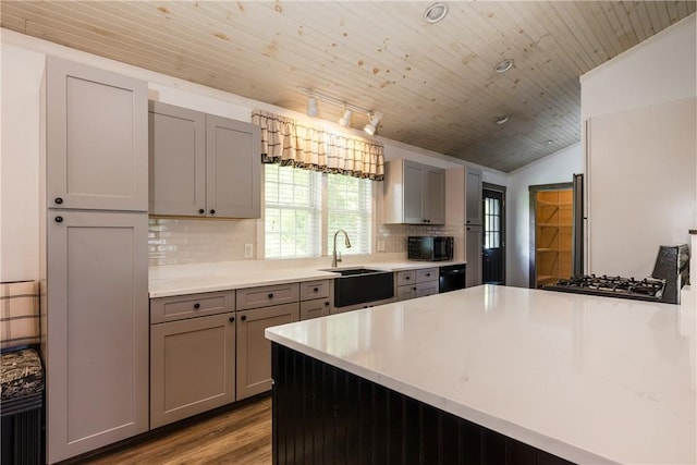 676 County Road 64, Big Flats, NY 14903 - kitchen with black microwave, gray cabinets, wood finished floors, tasteful backsplash, and light countertops