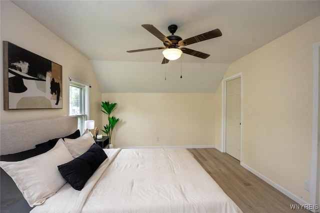 70 Minard St, Lockport-City, NY 14094 - bedroom featuring light wood-type flooring, vaulted ceiling, baseboards, and ceiling fan