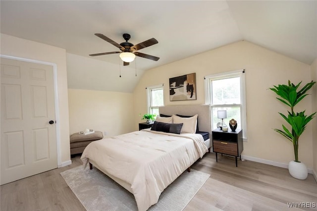 70 Minard St, Lockport-City, NY 14094 - bedroom featuring vaulted ceiling, light wood-type flooring, baseboards, and ceiling fan