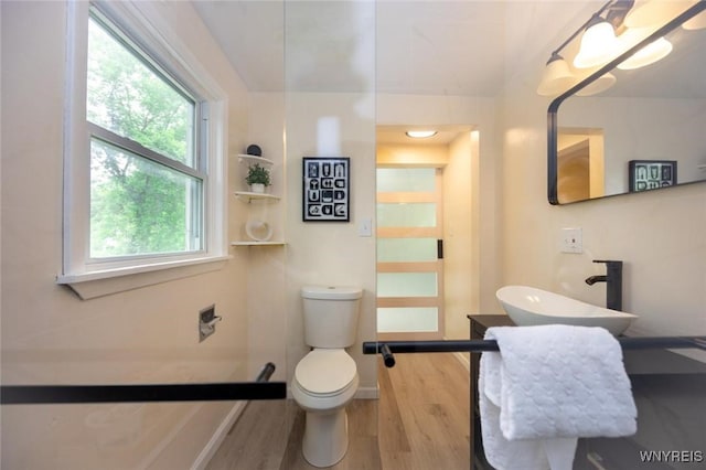 70 Minard St, Lockport-City, NY 14094 - bathroom featuring a sink, wood finished floors, toilet, baseboards, and vaulted ceiling