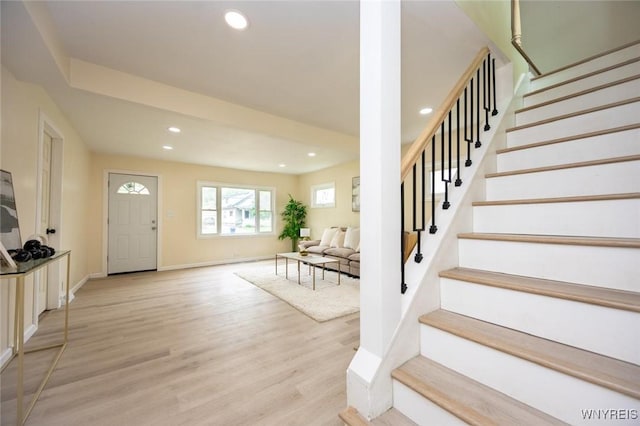 70 Minard St, Lockport-City, NY 14094 - foyer entrance featuring stairway, recessed lighting, light wood-type flooring, and baseboards