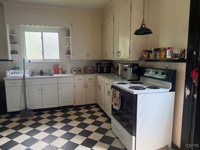 322 Eastern Ave, Herkimer, NY 13350 - kitchen featuring electric stove, light floors, open shelves, light countertops, and white cabinetry