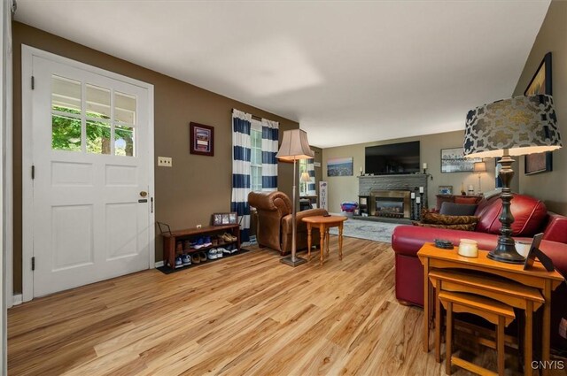 408 Elm St, Manlius, NY 13066 - living area featuring light wood-type flooring and a glass covered fireplace