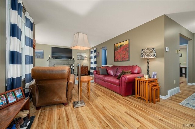 408 Elm St, Manlius, NY 13066 - living area with light wood-style flooring, a fireplace, and baseboards