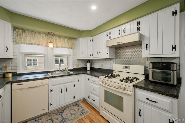 408 Elm St, Manlius, NY 13066 - kitchen with white appliances, a sink, white cabinets, light wood-type flooring, and backsplash