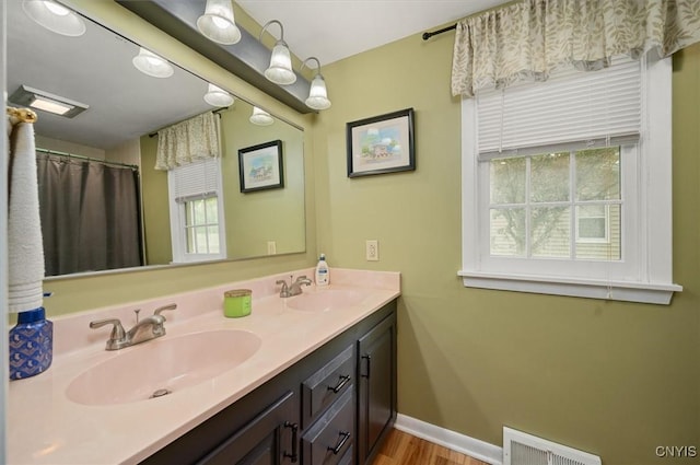 408 Elm St, Manlius, NY 13066 - bathroom with double vanity, baseboards, and wood finished floors