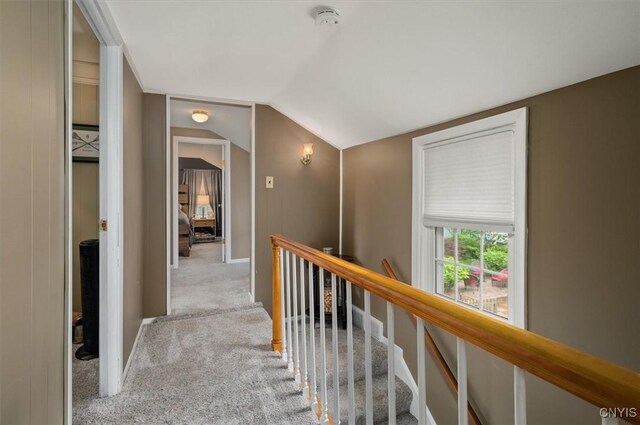408 Elm St, Manlius, NY 13066 - corridor with carpet flooring, lofted ceiling, and an upstairs landing