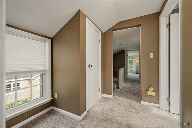 408 Elm St, Manlius, NY 13066 - hall featuring lofted ceiling, carpet floors, baseboards, and an upstairs landing