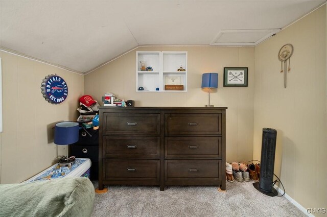 408 Elm St, Manlius, NY 13066 - bedroom featuring light carpet, lofted ceiling, and attic access