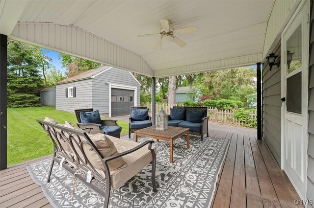 408 Elm St, Manlius, NY 13066 - wooden terrace with an outdoor living space, an outbuilding, and ceiling fan