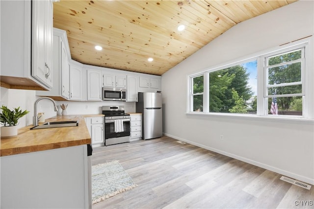 220 W Elm St, Oneida-Inside, NY 13421 - kitchen featuring stainless steel appliances, a sink, butcher block counters, wooden ceiling, and baseboards