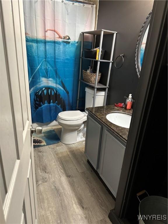 6954 Academy Ln, Lockport-Town, NY 14094 - full bathroom featuring toilet, wood finished floors, vanity, and a shower with curtain