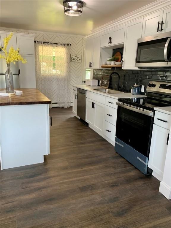 438 Hillview Ave, Southport, NY 14904 - kitchen with stainless steel appliances, butcher block countertops, open shelves, and dark wood-type flooring