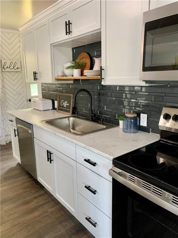 438 Hillview Ave, Southport, NY 14904 - kitchen with stainless steel appliances, open shelves, white cabinetry, a sink, and dark wood-style floors