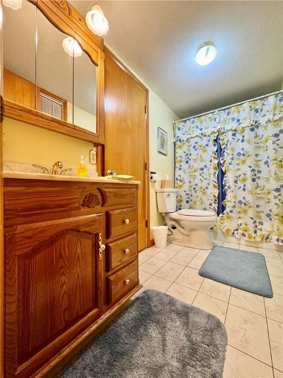 119 Park Ter, Big Flats, NY 14845 - bathroom featuring tile patterned floors, vanity, toilet, a textured ceiling, and curtained shower