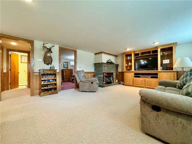 119 Park Ter, Big Flats, NY 14845 - carpeted living room featuring a stone fireplace and recessed lighting