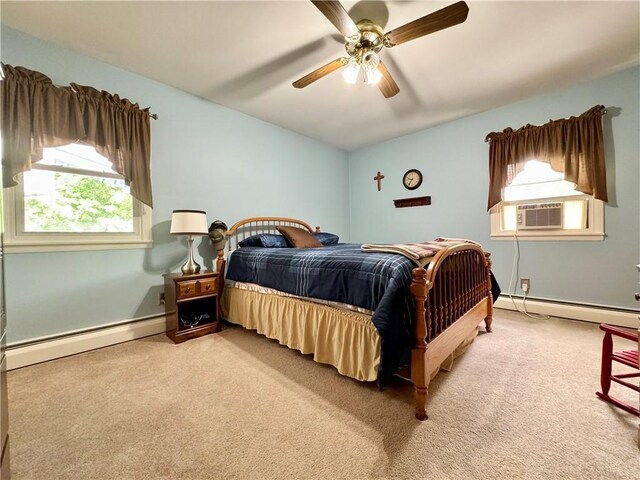 119 Park Ter, Big Flats, NY 14845 - bedroom with a baseboard radiator, light colored carpet, cooling unit, and ceiling fan