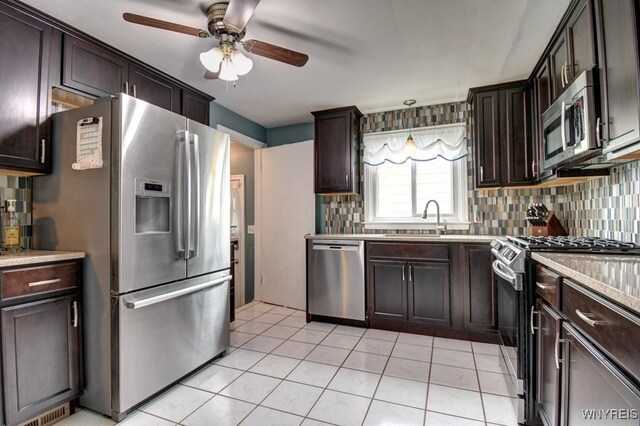 12 S Huxley Dr, Cheektowaga, NY 14225 - kitchen featuring appliances with stainless steel finishes, a sink, a ceiling fan, decorative backsplash, and dark brown cabinetry
