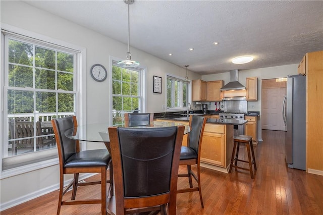 1108 Brick Landing Pl, Webster, NY 14580 - dining room with dark wood-type flooring, baseboards, a textured ceiling, and recessed lighting