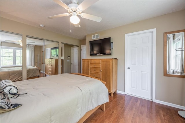 1108 Brick Landing Pl, Webster, NY 14580 - bedroom with two closets, baseboards, wood finished floors, and a ceiling fan