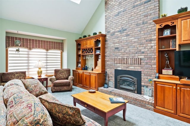 41 Pond Valley Cir, Penfield, NY 14526 - living area with carpet flooring, high vaulted ceiling, and a fireplace