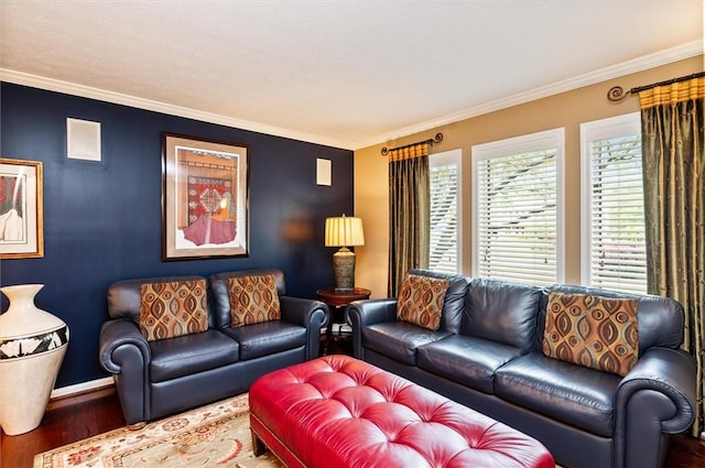 41 Pond Valley Cir, Penfield, NY 14526 - living room featuring wood finished floors, ornamental molding, and baseboards