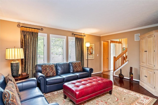 41 Pond Valley Cir, Penfield, NY 14526 - living room featuring ornamental molding, wood finished floors, baseboards, and stairway