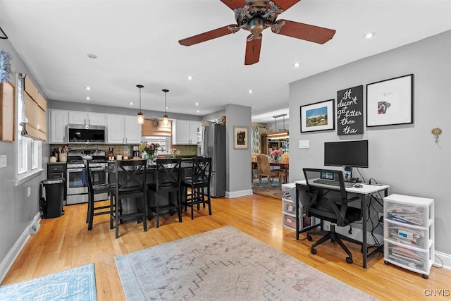 622 Stinard Ave, Syracuse, NY 13207 - office with a ceiling fan, light wood-style flooring, baseboards, and recessed lighting