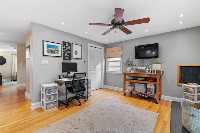 622 Stinard Ave, Syracuse, NY 13207 - office area featuring a ceiling fan, wood finished floors, baseboards, and recessed lighting