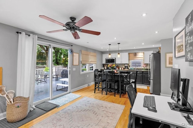622 Stinard Ave, Syracuse, NY 13207 - dining area featuring ceiling fan, light wood-style floors, baseboards, and recessed lighting