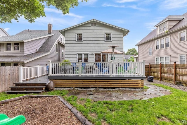 622 Stinard Ave, Syracuse, NY 13207 - back of property with a fenced backyard, a deck, and roof with shingles