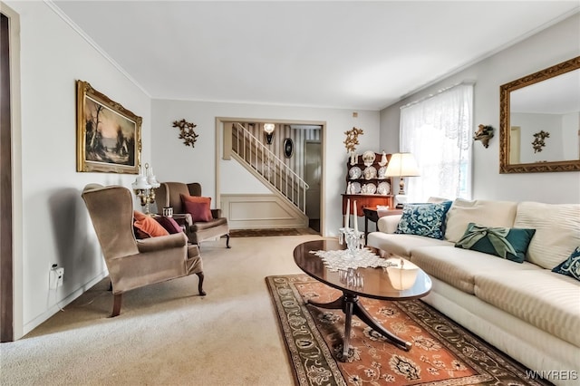 131 Idlewood Dr, Aurora, NY 14127 - carpeted living room with stairs and ornamental molding