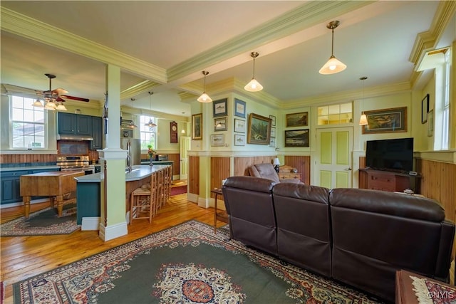 28 Bridge St, Albion, NY 13302 - living area featuring light wood finished floors, ornamental molding, ceiling fan, and wainscoting