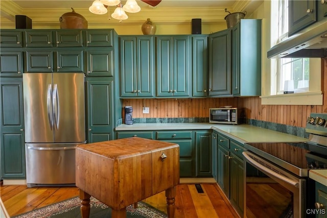 28 Bridge St, Albion, NY 13302 - kitchen featuring stainless steel appliances, green cabinetry, light countertops, under cabinet range hood, and light wood-style floors