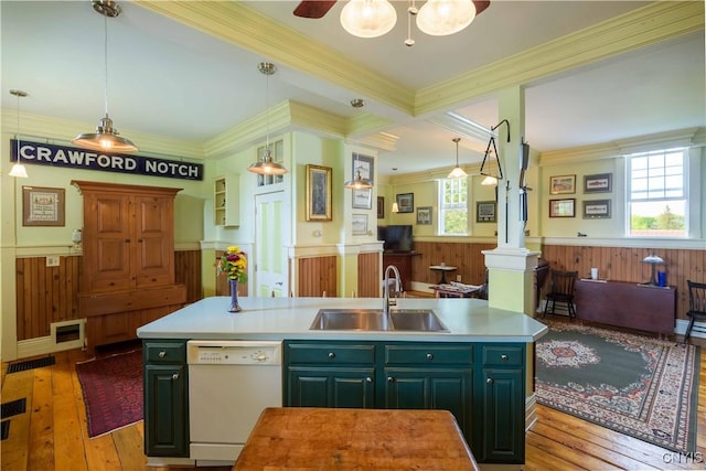 28 Bridge St, Albion, NY 13302 - kitchen featuring dishwasher, a sink, wainscoting, hardwood / wood-style flooring, and open floor plan
