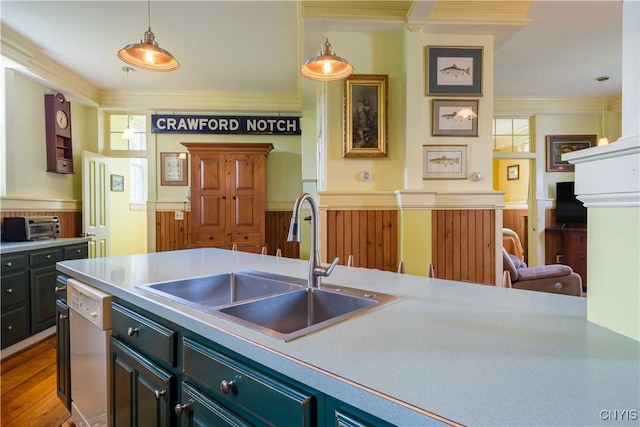 28 Bridge St, Albion, NY 13302 - kitchen featuring a sink, ornamental molding, white dishwasher, pendant lighting, and light countertops