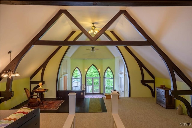 28 Bridge St, Albion, NY 13302 - entrance foyer featuring ceiling fan, carpet, high vaulted ceiling, and arched walkways