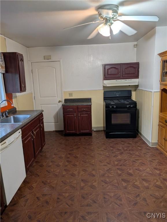 161 W Florence Ave, Syracuse, NY 13205 - kitchen with black range with gas cooktop, dishwasher, a sink, under cabinet range hood, and ceiling fan