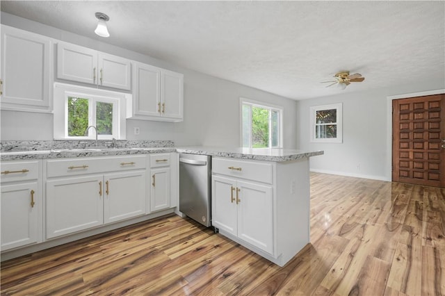 10610 State Route 7, Worcester, NY 12149 - kitchen with stainless steel dishwasher, a peninsula, light wood-style flooring, and white cabinetry