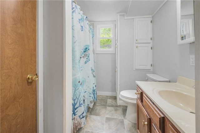 10610 State Route 7, Worcester, NY 12149 - bathroom featuring toilet, vanity, baseboards, and a shower with shower curtain